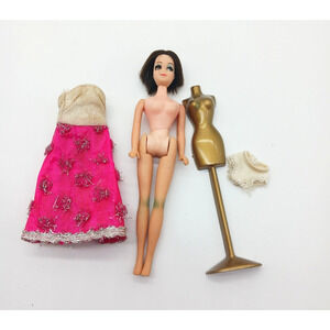 Vintage Topper Dawn Angie Doll Silvery Pom Poms Gown Dress Stand